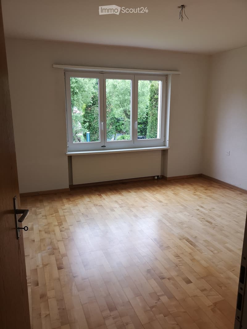 Empty room with wooden flooring, large window with white frame, radiator below window, and visible door frame on left side.