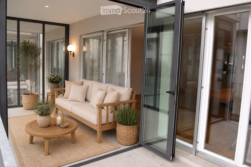 Balcony with a white sofa, wooden coffee table, small side table, and potted plants.