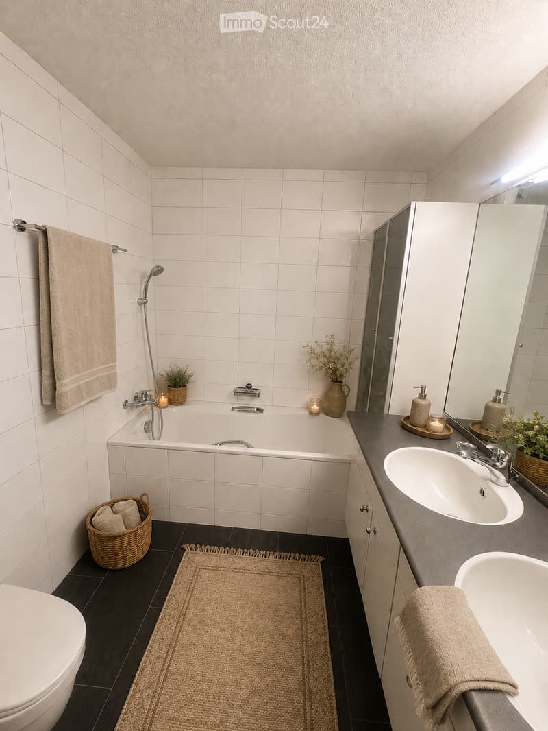 Modern bathroom with white tiled walls, a bathtub, sink, toilet, and a large mirror. Features include a wicker basket with towels, a vase with plants, and candles on the counter.