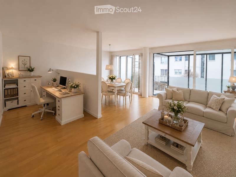 Open-plan living and working space with light wood flooring, a cream sofa, coffee table, dining area, desk, and large windows leading to a balcony.