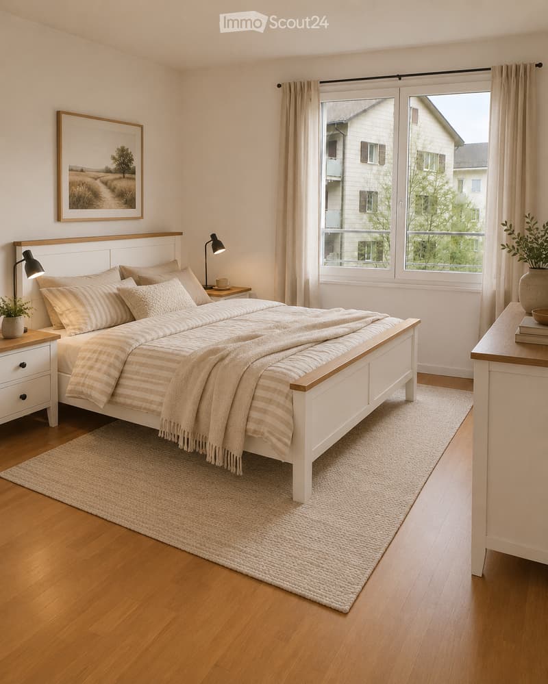 Cozy bedroom with a large bed, nightstands, lamps, a picture frame on the wall, and a plant on a side table.