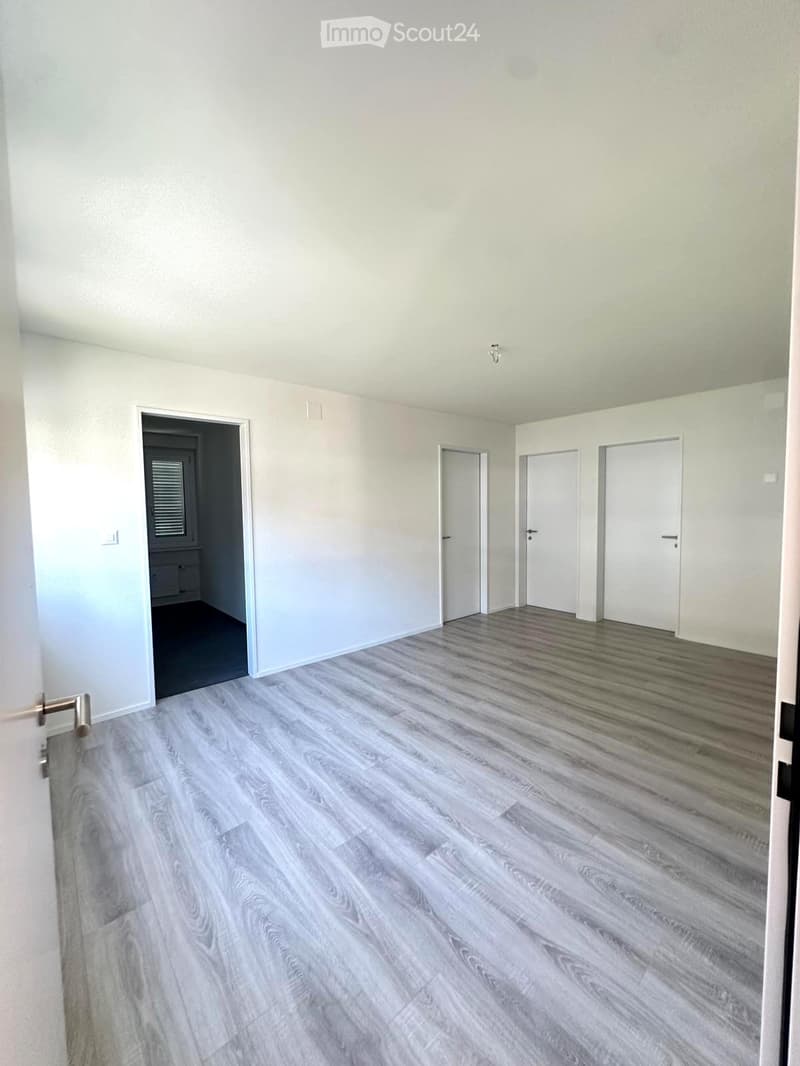 Empty room with light grey wooden flooring and white walls, featuring multiple doors and a visible light fixture on the ceiling.