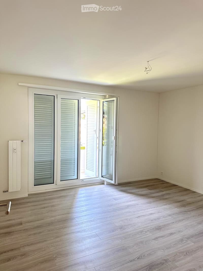 Empty room with light-colored walls, wooden flooring, and large sliding glass doors leading to an outdoor area.