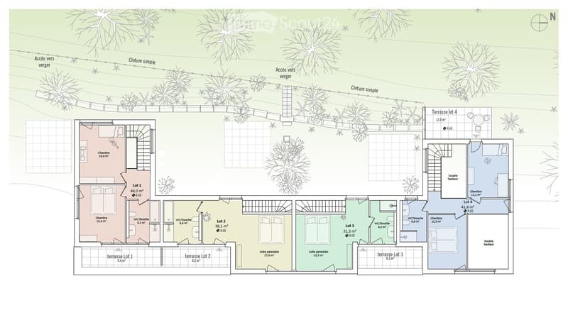 Floor plan showing four lots with bedrooms, bathrooms, terraces, and a parental suite.