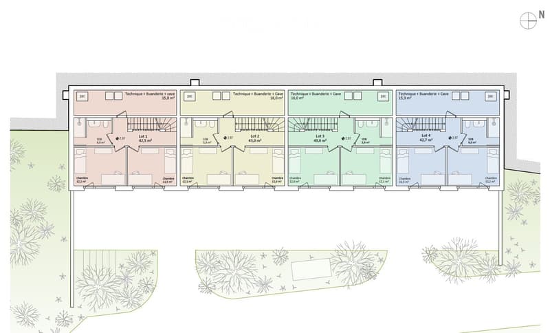 Floor plan showing four residential units with bedrooms, bathrooms, and technical spaces, each with labeled dimensions and a shared outdoor area.