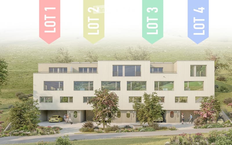 Modern multi-story building with large windows and balconies, surrounded by landscaped gardens and parking area.