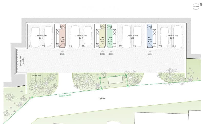 Floor plan showing parking spaces, entrances, and a landscaped area with trees and pathways.