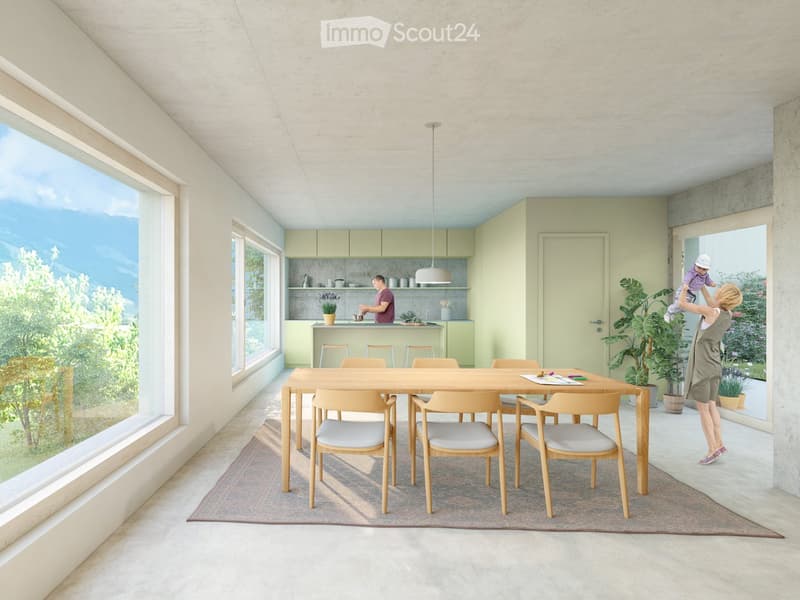 Bright, modern dining area with a wooden dining table and six chairs, a pendant light, and a kitchen area with cabinets and a counter. Large windows offer a scenic view of greenery.