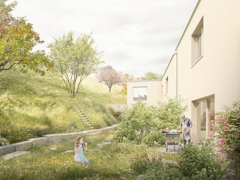 A serene garden area with a modern house in the background, featuring lush greenery, a stone pathway, and a barbecue setup.