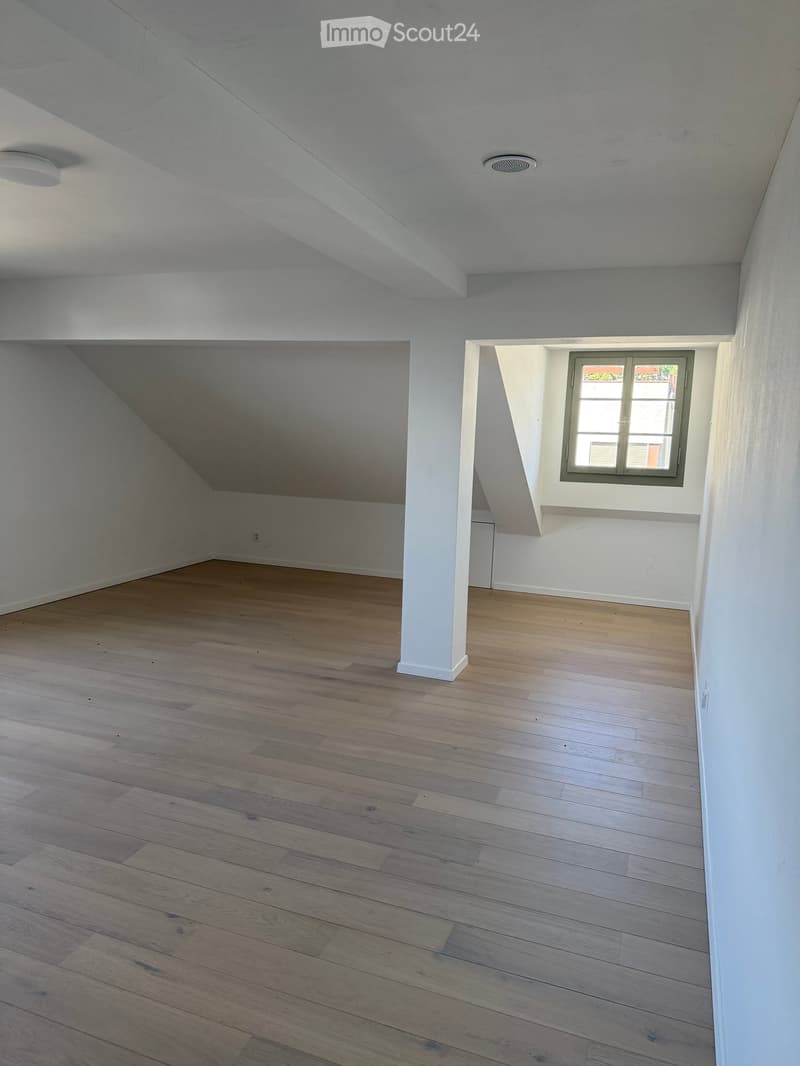 Empty attic space with wooden flooring, white walls, and a small window with a view of the outside. The ceiling has a sloped design with exposed beams and lighting fixtures.