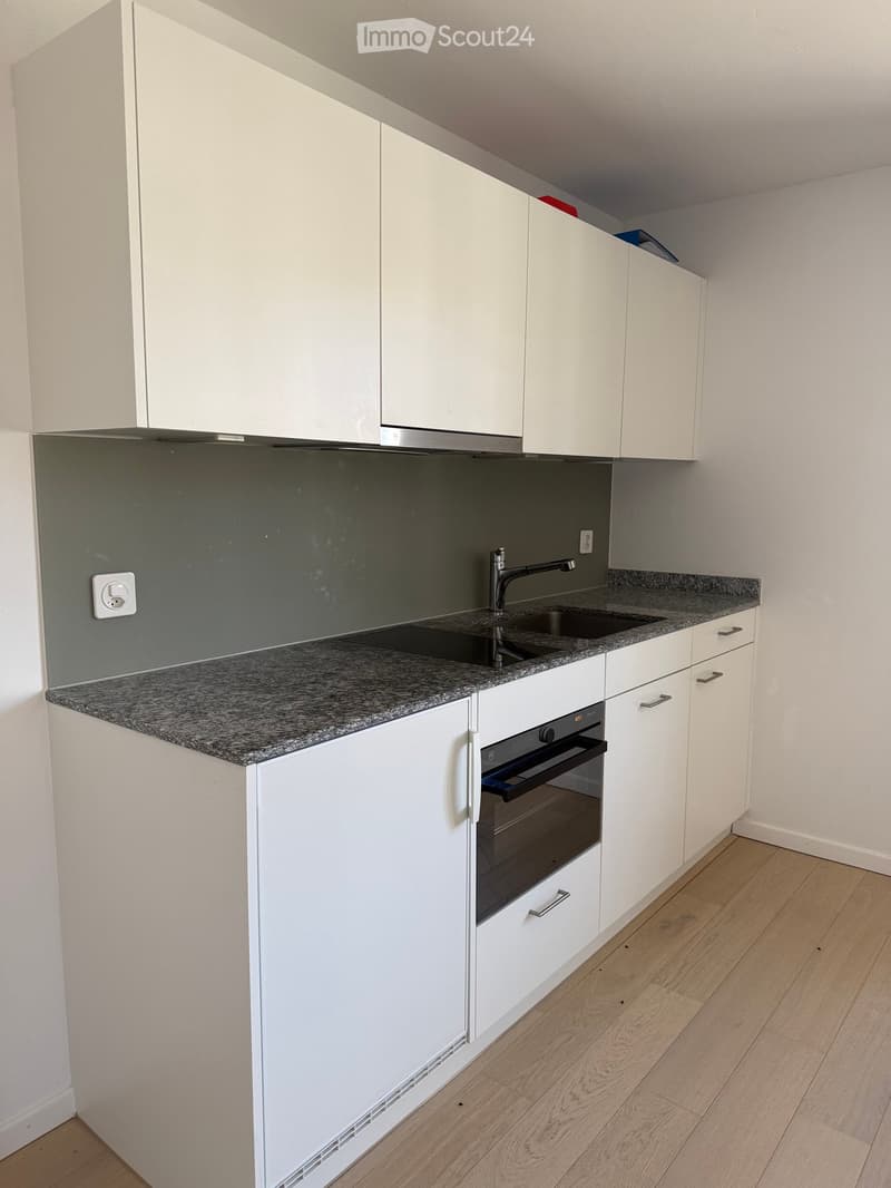 Modern kitchen with white cabinets, granite countertop, sink, and built-in oven.