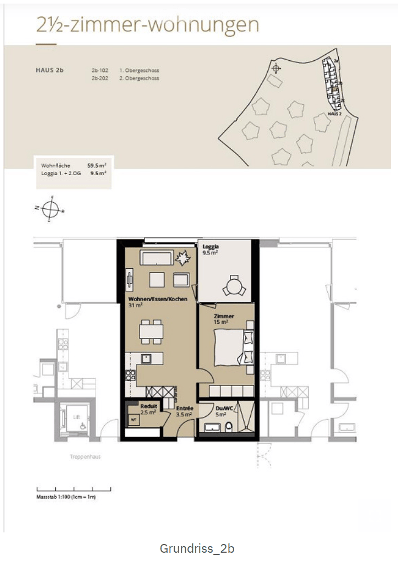 Floor plan of a 2.5-room apartment with living/dining/kitchen area, bedroom, bathroom, entrance, and loggia.