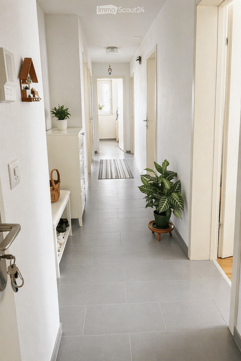 Clean, modern hallway with white walls, tiled floor, and several doors leading to different rooms. Features include a small shelf with shoes, a potted plant, and a decorative rug.
