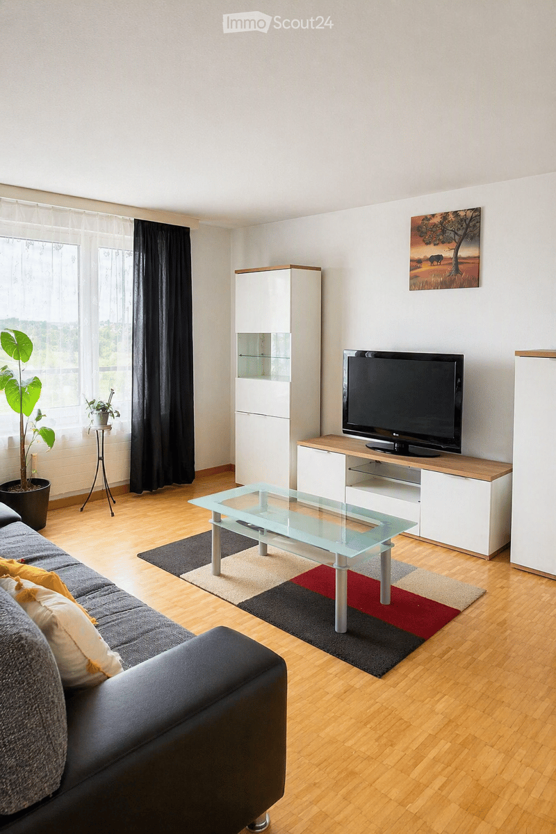 Modern living room with a grey sofa, glass coffee table, TV stand, white cabinet, and a potted plant near the window.
