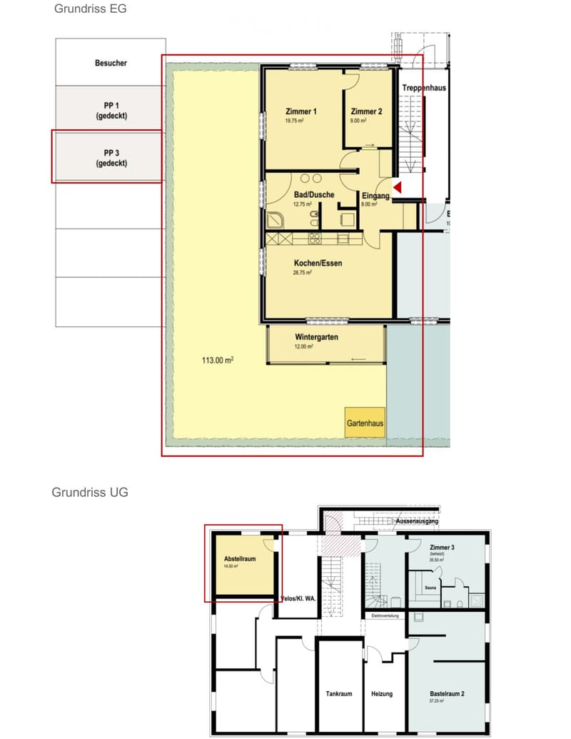 Ground floor and underground floor plans showing living spaces, kitchen, bathrooms, winter garden, storage, sauna, and utility areas.