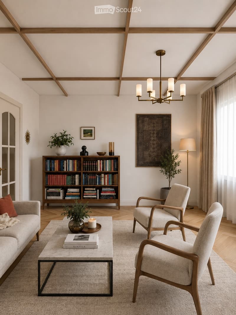 Modern living room with light-colored furniture, wooden flooring, and a chandelier. Features a sofa, coffee table, two armchairs, bookshelf, and decorative plants.