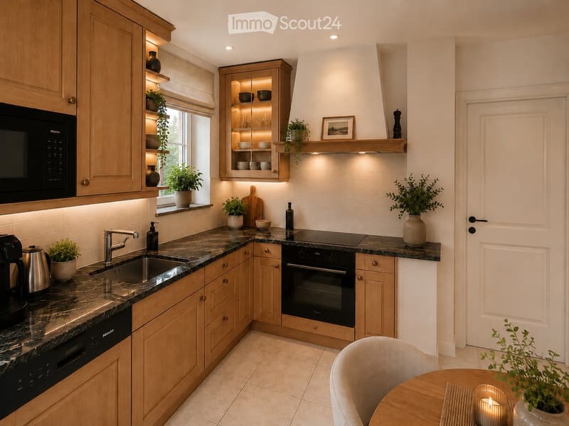 Modern kitchen with wooden cabinets, marble countertops, built-in oven, microwave, sink, and decorative plants.
