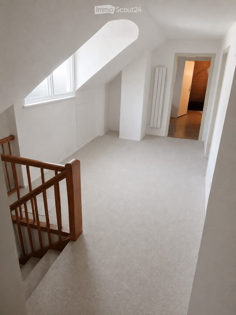 Bright, carpeted hallway with white walls, wooden staircase railing, and a window at the far end. A door leads to another room with wooden flooring visible.