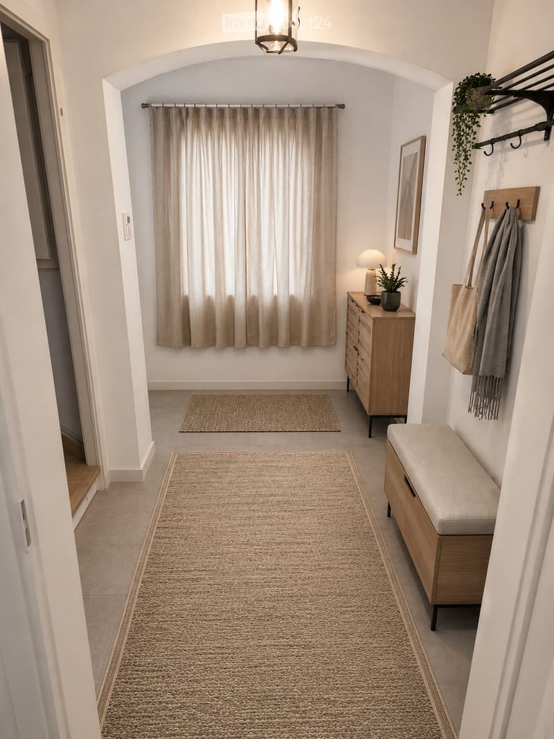 Elegant hallway with beige carpeting, white walls, arched ceiling, and decorative elements including a bench, small table, and hanging plant.
