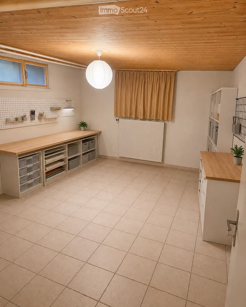 Bright room with tiled floor, wooden ceiling, and large window. Contains a long wooden table with storage bins underneath, shelves with tools, a radiator, a curtain, and a hanging ball lamp.