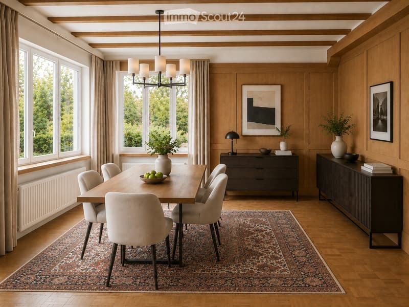 Elegant dining room with a long wooden table, six white chairs, a chandelier, and wooden cabinets. Features a patterned rug, vases, and artwork on the walls.