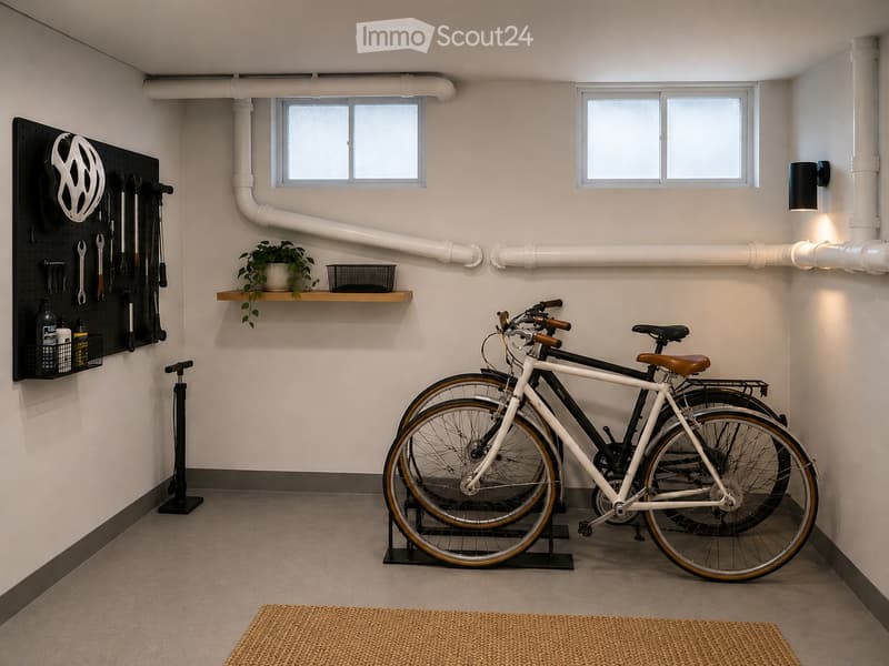 A modern, organized storage room with two bicycles on a stand, a tool wall with hanging tools, a small shelf with a potted plant, and a rug on the floor.