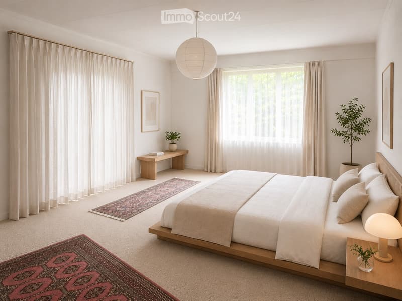 A modern, minimalist bedroom with a large bed, nightstand, table lamp, bench, potted plants, and curtains.
