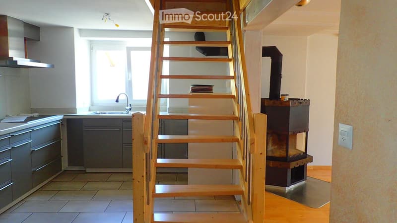 A narrow hallway with a wooden staircase leading upwards, a kitchen area with cabinets and a sink, and a small wood-burning stove on the right side.