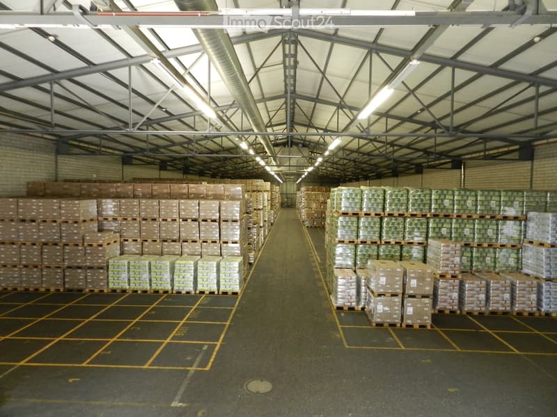 Large industrial warehouse with high ceilings, metal beams, and rows of stacked pallets and boxes on the floor.