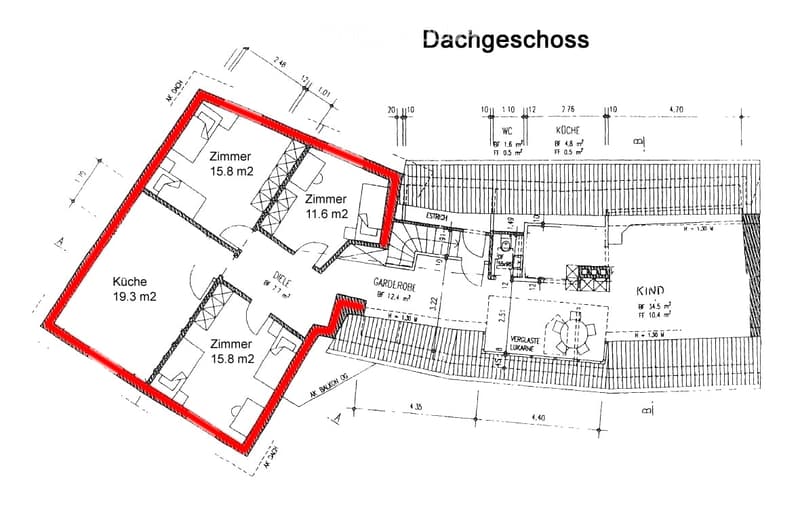 Floor plan of a roof level showing multiple rooms including a kitchen, two bedrooms, a bathroom, and a storage area.