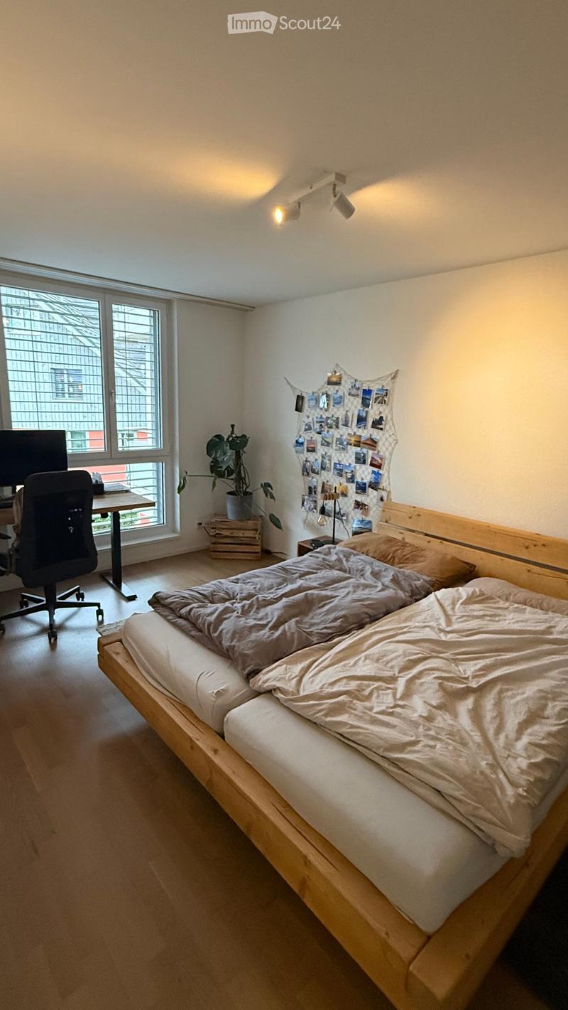Cozy bedroom with a wooden bed, a desk with a chair, a potted plant, and a wall-mounted photo display.