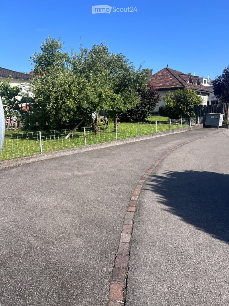 Residential driveway bordered by a white wire fence, with a grassy area and trees in the background, and houses visible beyond the fence.