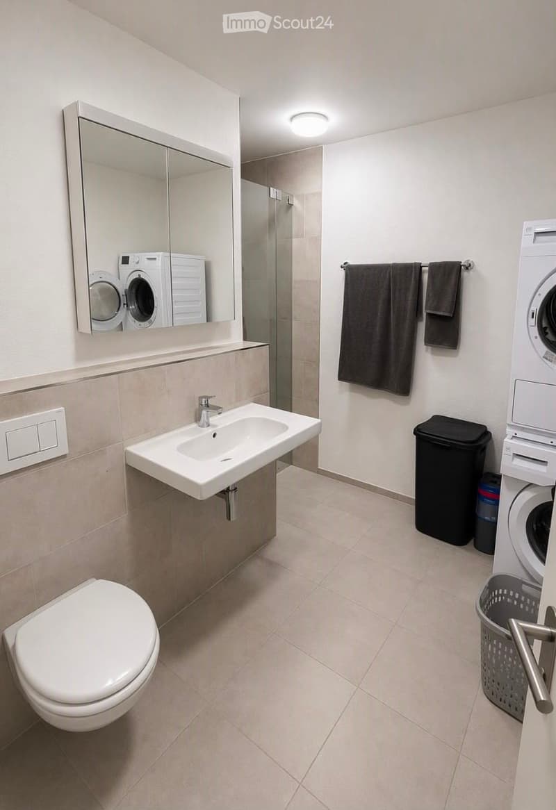 Modern bathroom with a toilet, sink, mirror, and washing machine. Towels are hanging on a rack, and a trash bin is placed near the washing machine.