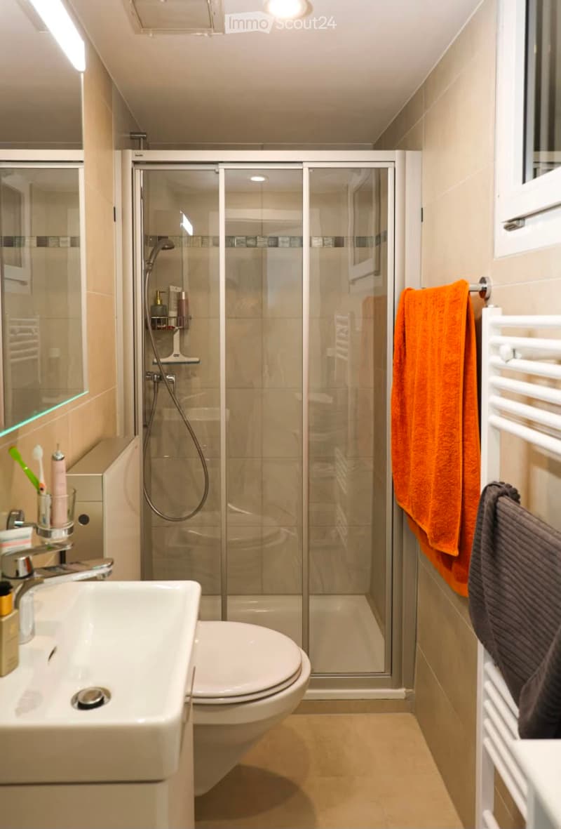Modern bathroom with a glass-enclosed shower, a white sink with a chrome faucet, a toilet, and a towel rack with orange and grey towels.