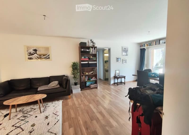 A modern living room with a dark-colored sectional sofa, a wooden coffee table, a bookshelf filled with books and decorative items, a small side table, and a potted plant. The room features light wooden flooring and white walls, with a large window allowi