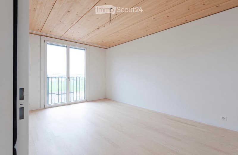 Empty room with white walls, light wooden flooring, and a large sliding glass door leading to a balcony.