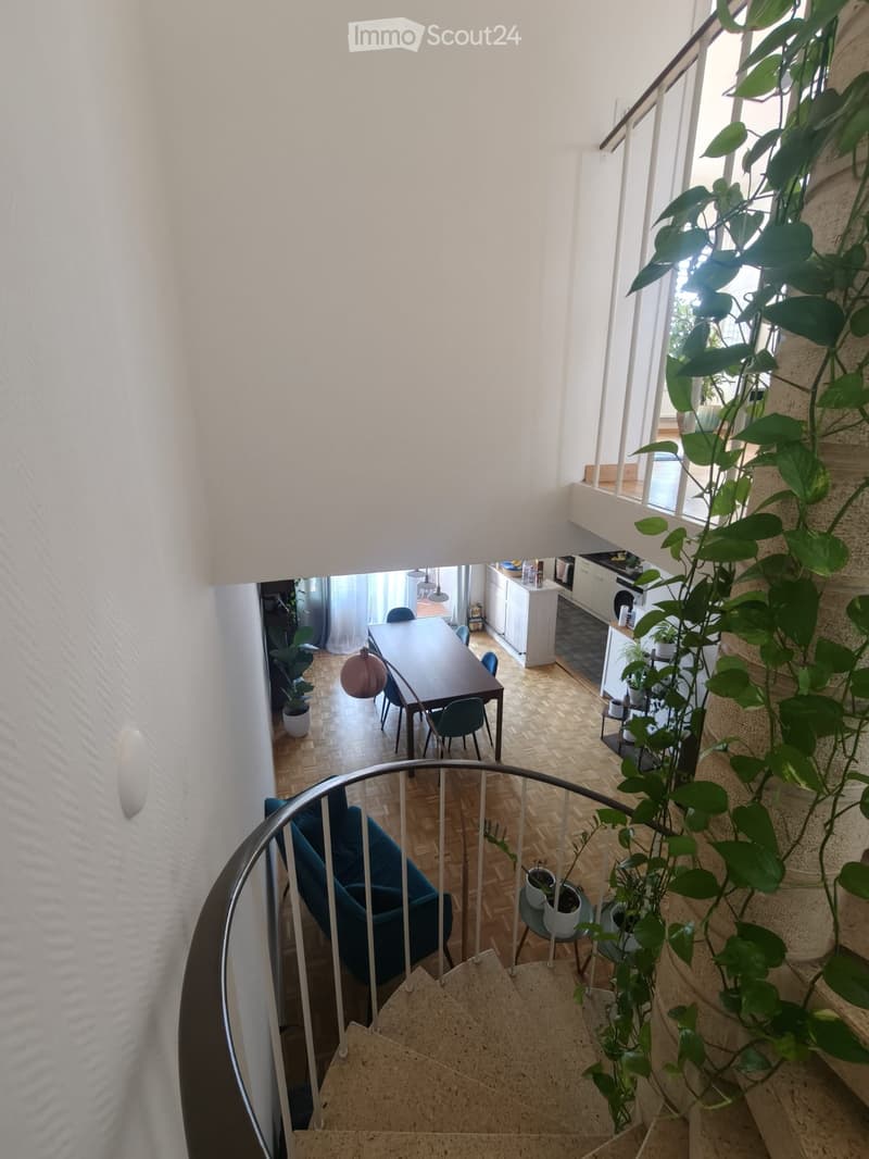 Spiral staircase leading to a dining area with a wooden table, chairs, and kitchen area visible in the background. Potted plants are placed along the staircase and in the dining area.
