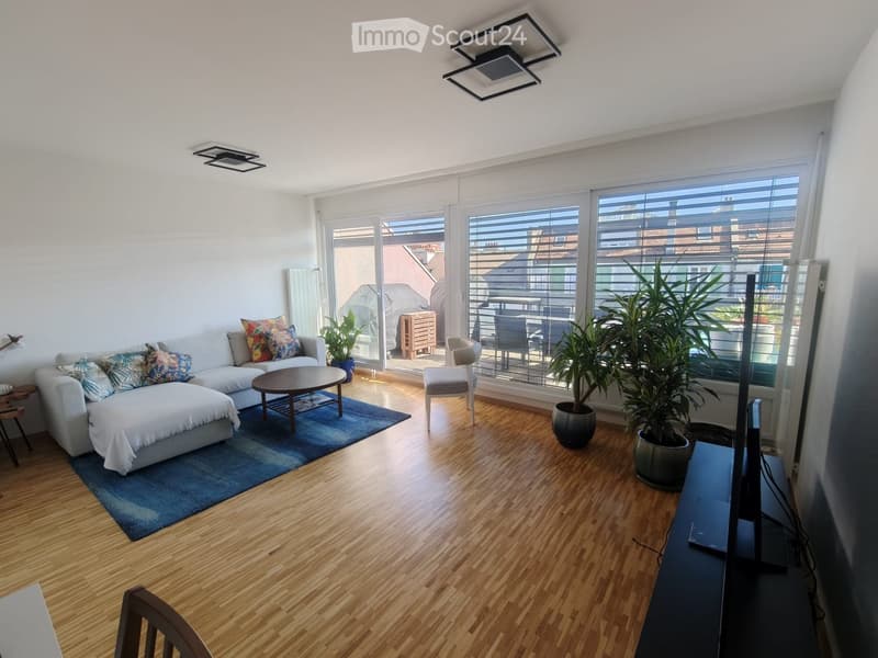 Modern living room with wooden flooring, large windows, a sofa with colorful cushions, a coffee table, a chair, a television, and potted plants.