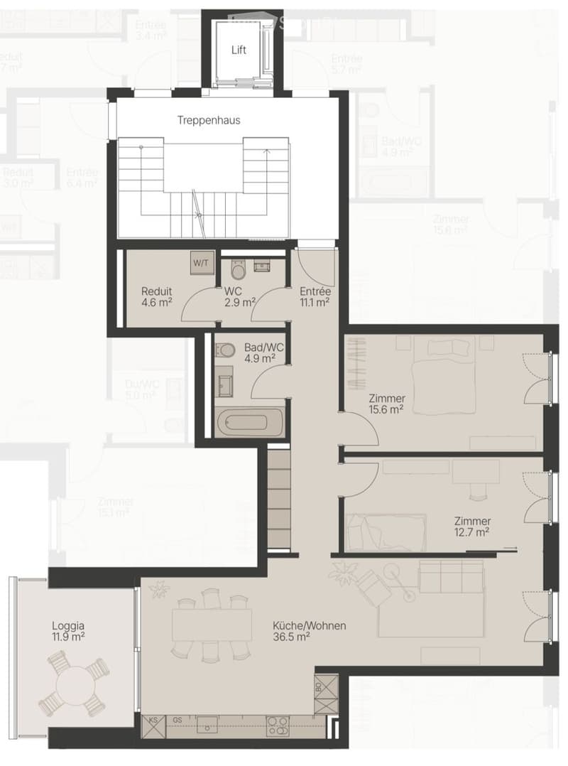 Floor plan of a multi-room apartment including a kitchen/living area, bedrooms, bathrooms, a staircase, and a loggia.