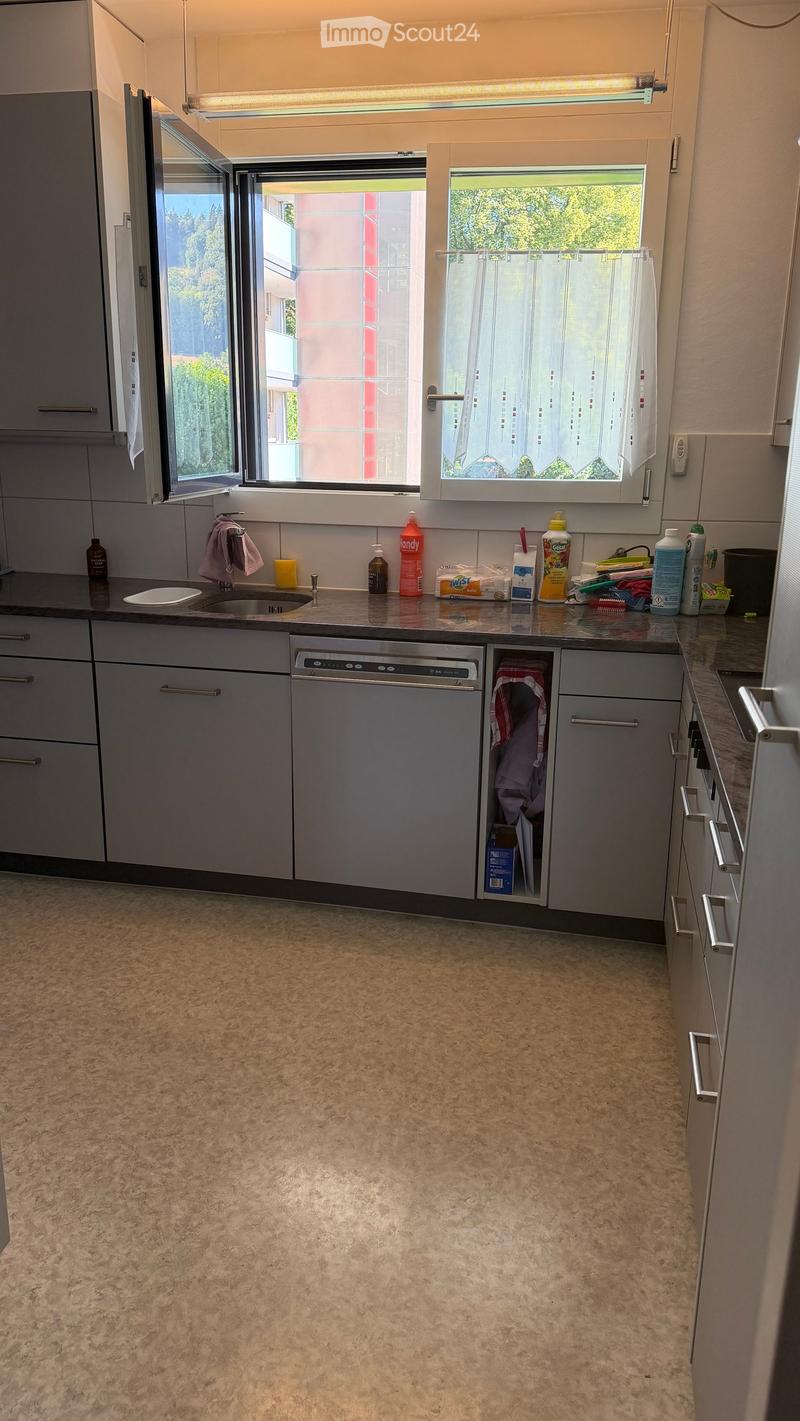 Modern kitchen with grey cabinets, a dishwasher, a sink, and various cleaning supplies on the counter. The space has a light-colored tiled floor and large windows with white curtains.