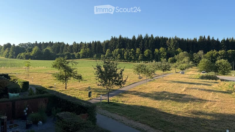 A spacious garden area with pathways, trees, and a view of a forested area and fields in the background.
