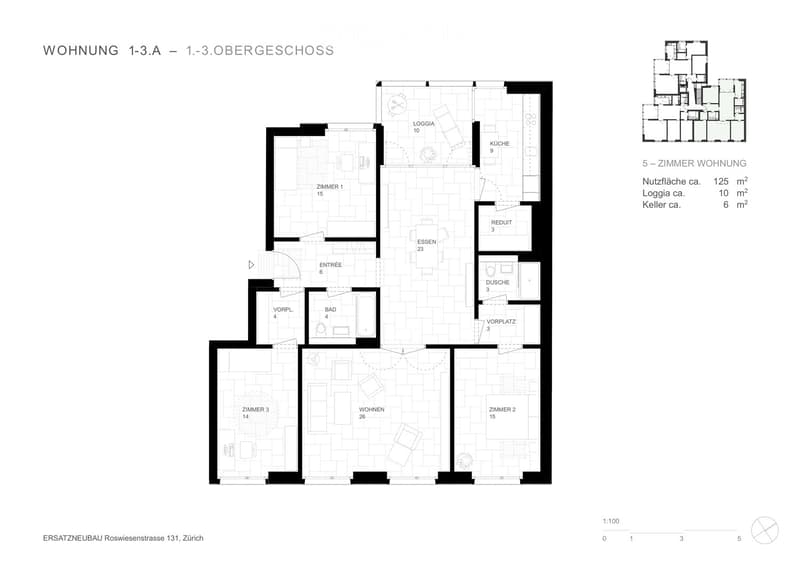 Floor plan of a 5-room apartment on the upper floor, including living room, kitchen, bedrooms, bathrooms, and a loggia.