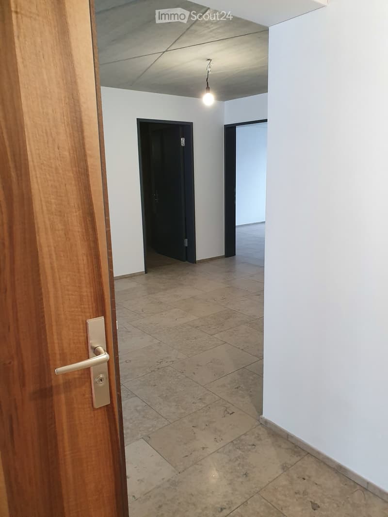 Empty hallway with tiled floor, white walls, and a single wooden door with a brass handle. Two dark-colored doors are visible in the background.