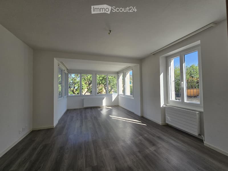 Empty room with wooden flooring, large windows, and radiators along the walls.