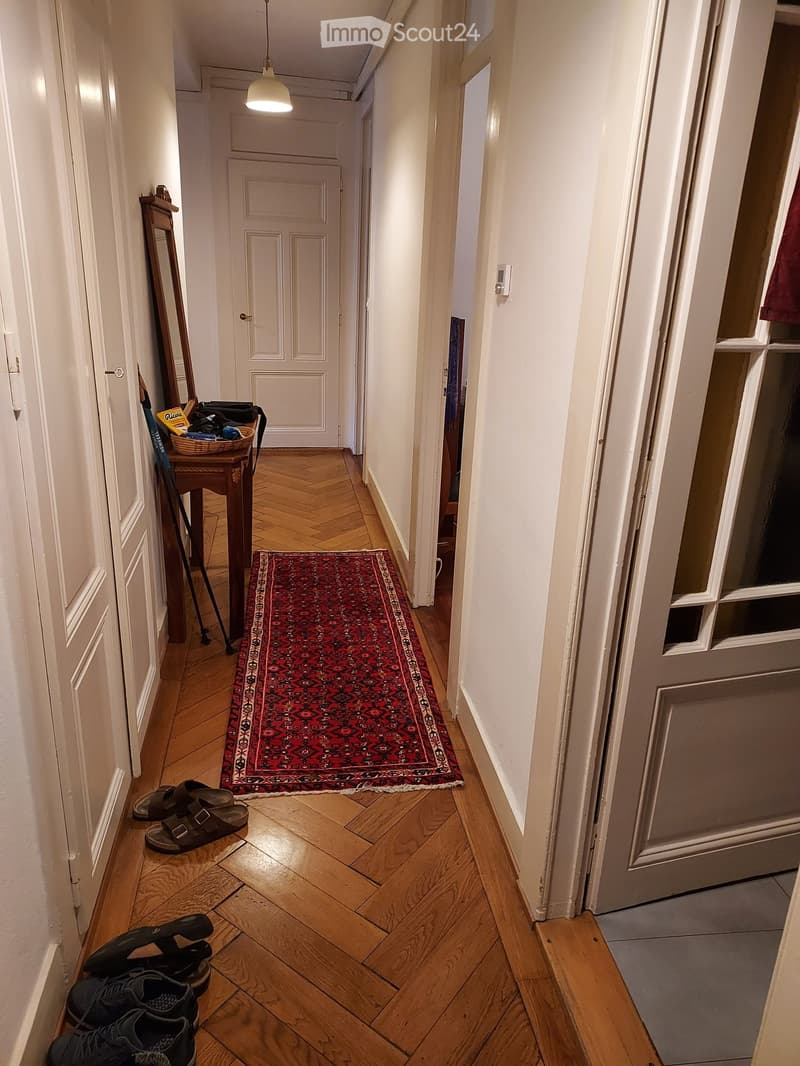 Hallway with wooden flooring, a red runner rug, several pairs of shoes placed on the floor, a small table with a basket, and a mirror leaning against the wall.