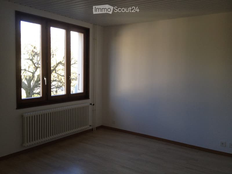 Empty room with wooden flooring, white walls, large windows with wooden frames, and a radiator below the windows.