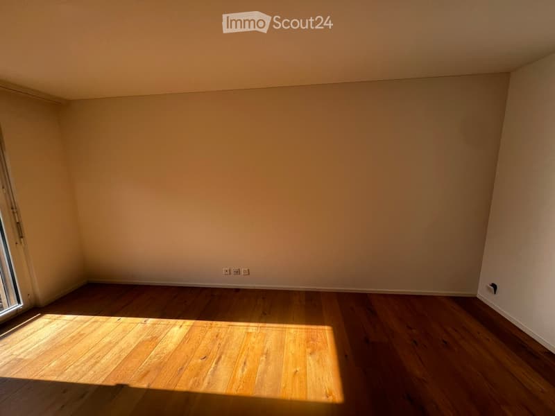 Empty room with wooden flooring and light-colored walls, featuring a large window allowing natural light to enter.