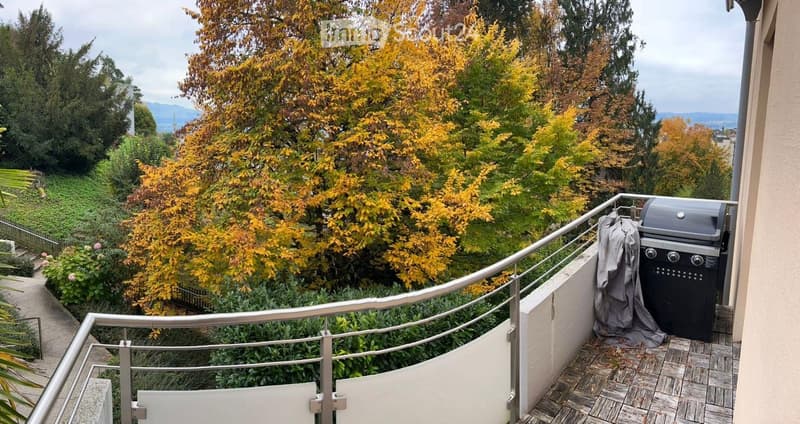 Balcony with a modern metal railing, tiled floor, and a covered barbecue grill. The view includes autumn-colored trees and a landscaped garden.