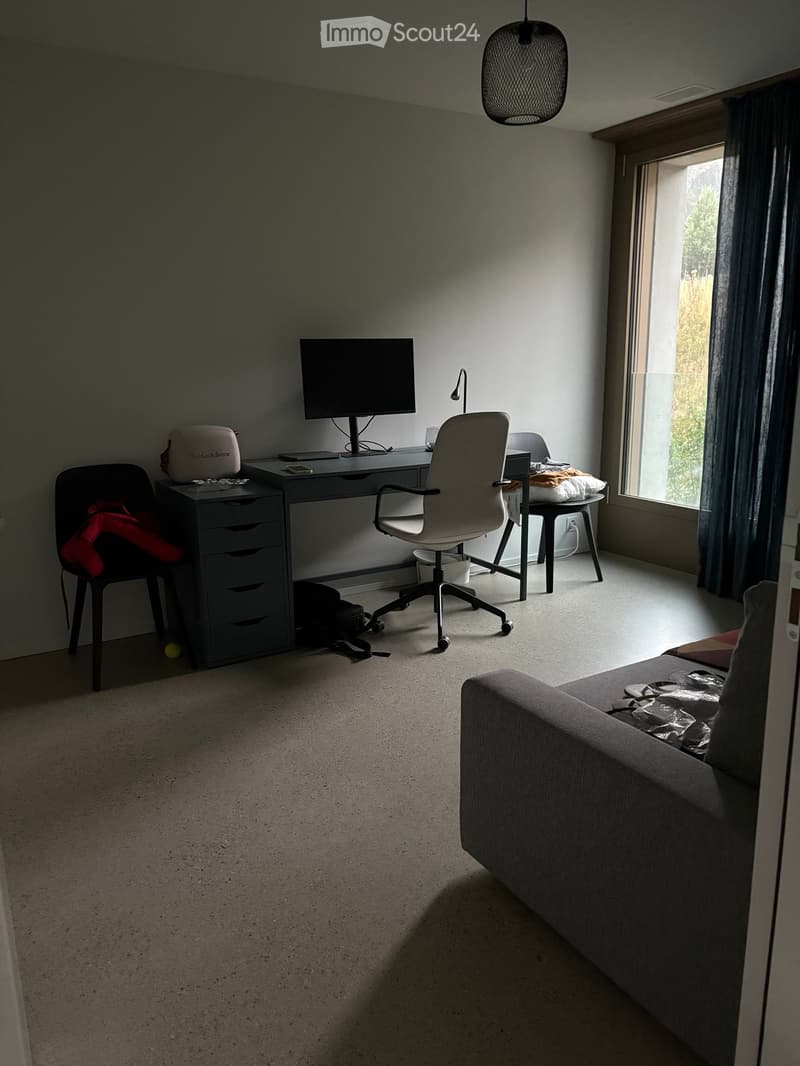 A modern, multi-functional room with a sofa, desk, chair, and screen. The room features a large window with curtains and a pendant light hanging from the ceiling.