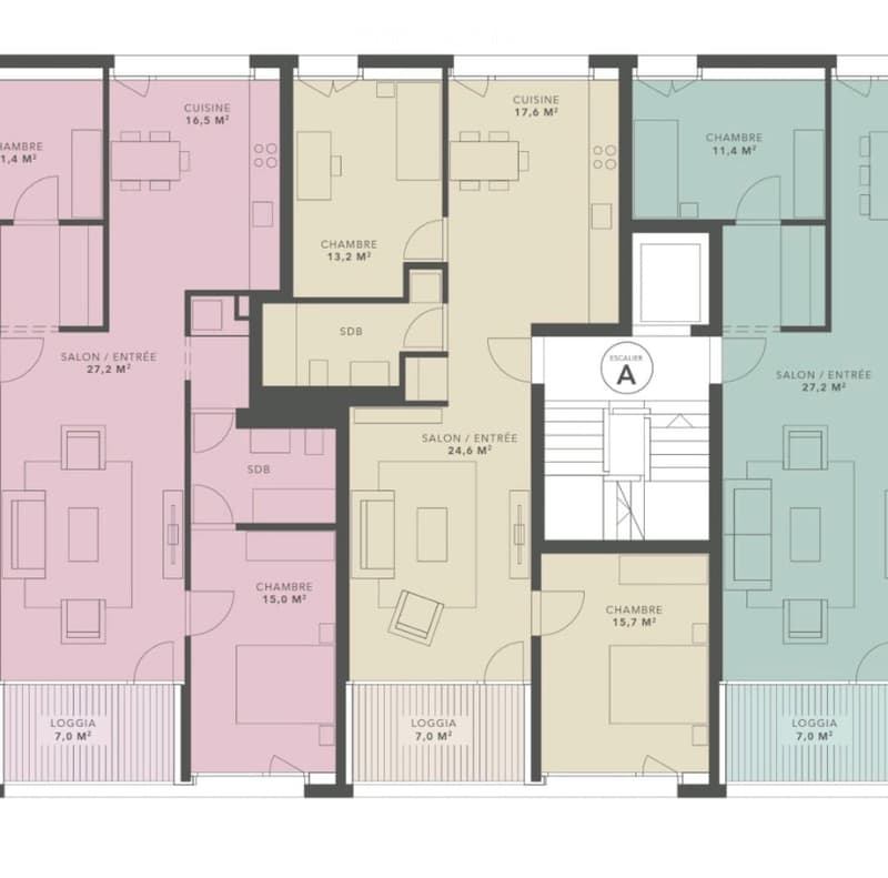 Floor plan of a multi-room apartment with two entrances, multiple bedrooms, bathrooms, and kitchens. Includes living areas, loggias, and an elevator.